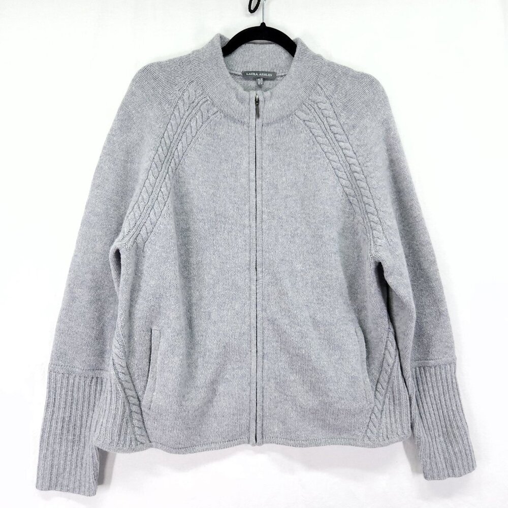 Laura Ashley Lambswool Sweater Size 14 Full Zip Pockets High Neck Jacket Gray
